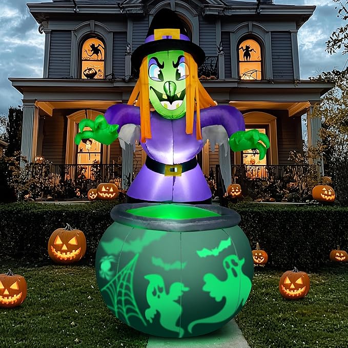 Joiedomi 6 Ft Halloween Inflatable Witch and Cauldron Decoration with Projecting Rotating Green Ghost Light, Inflatable Yard Decor Blow Up with Build-in LEDs for Halloween Party Indoor, Outdoor Decor