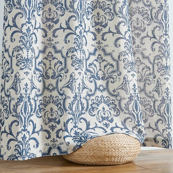 jinchan Curtains for Bedroom, Light Filtering 84 Inch Length 2 Panels Set, Baroque Style Linen Blend Drapes Living Room, Vintage Damask Window Treatments, Grommet Top Slate Blue on Flax, W52 X L84