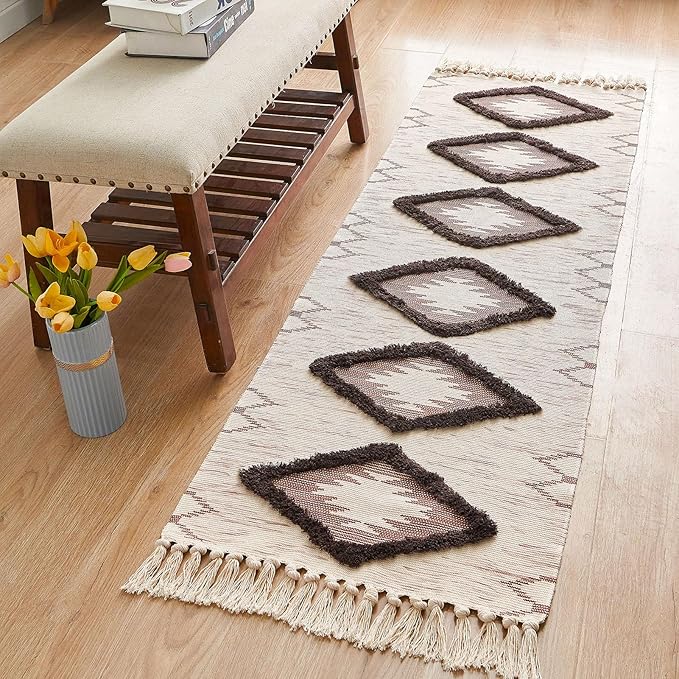 Boho Runner Rug 2'x6', Washable Hallway Farmhouse Area Rug, Kitchen Floor Mat with Tassels, Tufted Cotton Woven Entryway Carpet, Brown