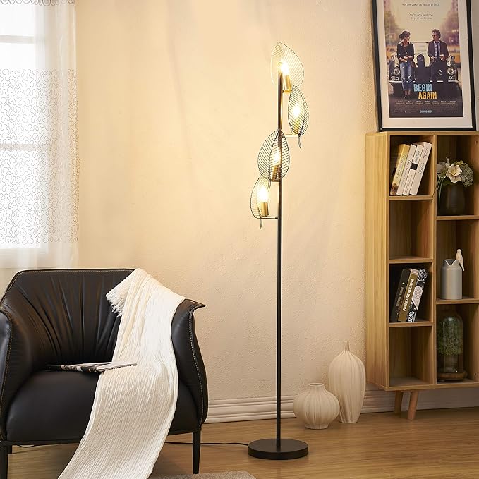 WOXXX Industrial Black Floor Lamp with 4 Brush Gold Finish Leaf Shade, Modern Tree Floor Lamps for Living Room Bedrooms Reading Standing Lamp Living Room Lamps Farmhouse Tall Lamp (4 Bulbs Included)