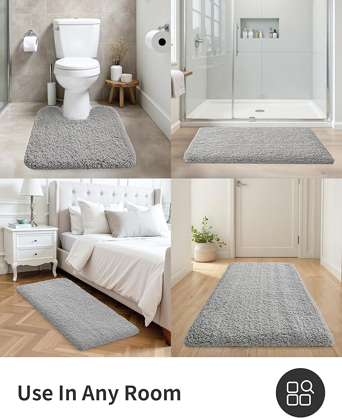 ILANGO Grey Bathroom Rugs 60" × 24" Non Slip & Super Absorbent Extra Thick Soft, Washable Bath Carpet Runner for Floor, Microfiber Plush Shaggy Bath Mats with Rubber for Bedroom Bathtub Shower Room