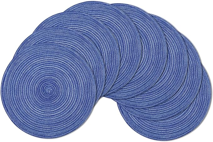 SHACOS Round Braided Placemats Set of 8 Round Table Mats for Dining Tables Washable Fabric Kitchen Table Place Mats (Blue White, 8)