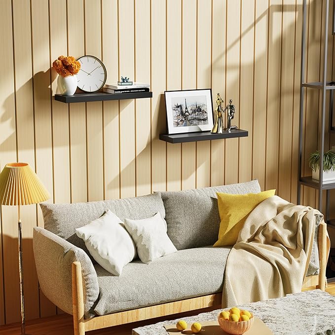 Bellsal Floating Shelves for Wall, Black Engineered Wood Wall Shelf Set of 2, 24" Wall Mounted Floating Shelf for Kitchen, Living Room, Bedroom, Bathroom Storage, Book Shelf for Home Decor