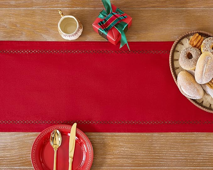 Burlap Style Farmhouse Table Runner, 13 x 72 Inch Red, Rustic Geometric Hollow Table Runners 72 Inches Long for Dresser Table Everyday Use, 13x72 Inches, Red