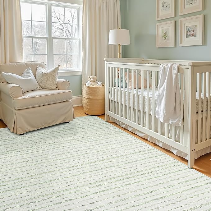 Sage Green Boho Area Rugs 9x12 Living Room, Moroccan Large Rug Farmhouse Washable Rug with Non-Slip Backing, Neutral Morden Indoor Carpet for Bedroom Dining Room