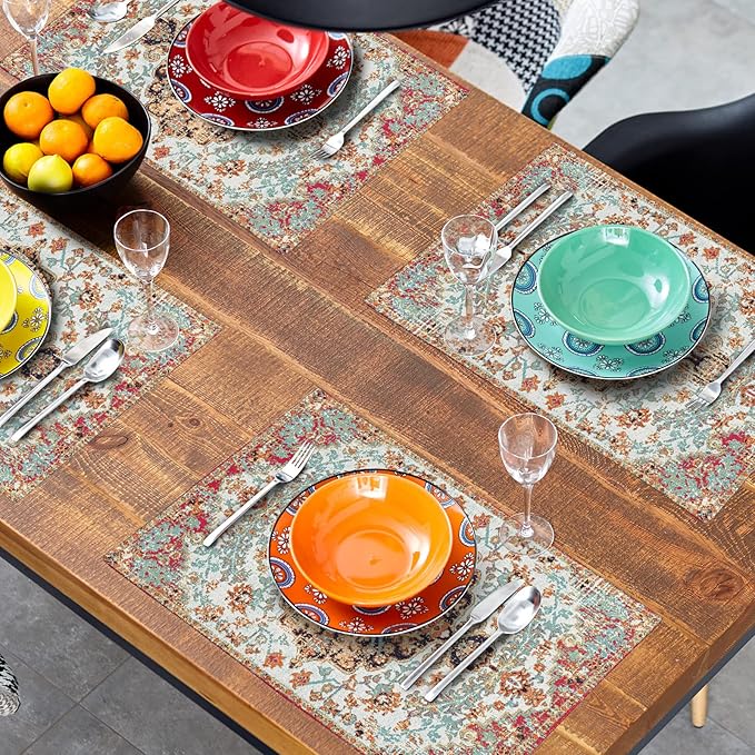 Ethnic Boho Placemats Set of 6 Bohemian Carpet Vintage Black Coral Floral Linen Washable Kitchen Dining Table Mats Stain Heat-Resistant Desktop Decor Place Mats for Home Party Indoor 12x18 in