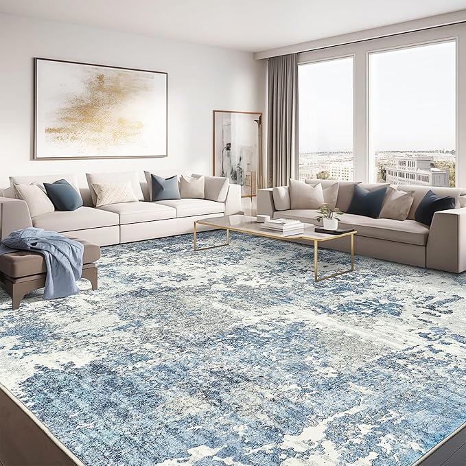 Art&Tuft Washable Rug, Anti-Slip Backing Abstract 6x9 Rug, Stain Resistant Rugs for Living Room, Foldable Machine Washable Area Rug (TPR53-Blue, 6'x9')
