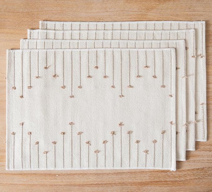 Placemats Set of 4 for Dining Table Décor, Woven Cloth Place Mats for Farmhouse Kitchen Tabletop, Handcrafted Machine Washable Cotton Table mats 13 x 19 Inch, Taupe and Beige