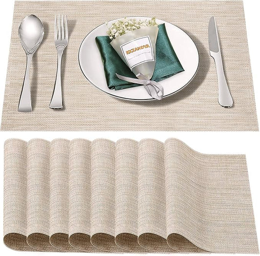 Placemats Set of 8,Washable,Heat and Stain Resistant Indoor/Outdoor Place mats, Vinyl Woven Non Slip Table Mats for Restaurant Table Protection, PVC Table Placemats.(Beige White,8PCS)