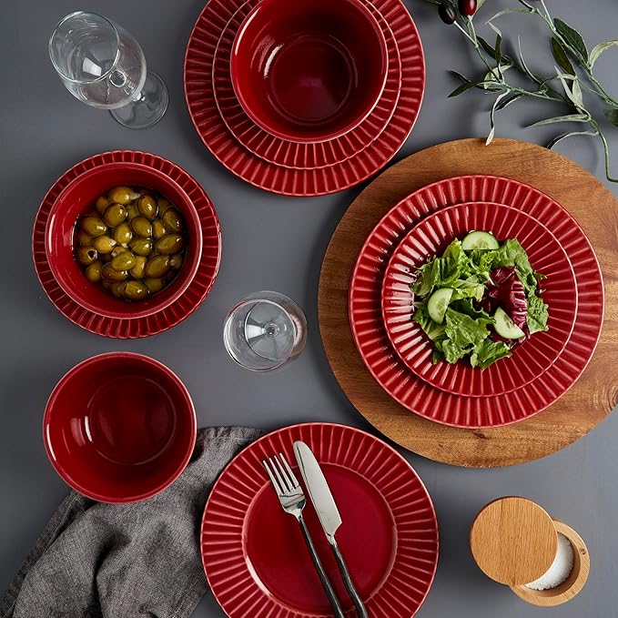 Tabletops Gallery Richmond 12-Piece Reactive Glaze Stoneware Dinnerware Set of Kitchen Dishes, Dinner Plates, Cereal Bowls, Service for 4, Red
