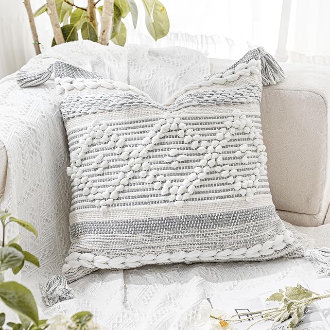 Gray Cream White Boho Throw Pillow Cover 20X20, Boho Woven Textured Pillow Cover, Neutral Pillow Cover, Sofa Couch Bed Farmhouse Lumbar Pillow (Cover ONLY)