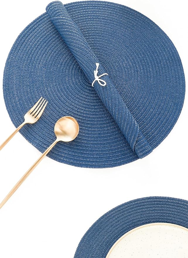 Floroom 15 Inch Round Braided Placemats Set of 4, Washable Heat Resistant Cotton Polyester Circle Place Mats for Kitchen Dining Table - Sail Blue
