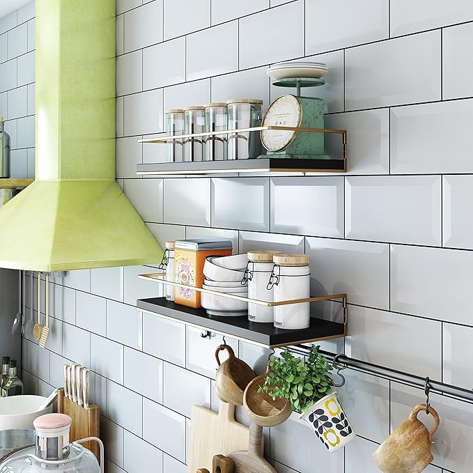 Shario Black Floating Shelves - Set of 2, Wall Mounted Hanging Shelves with Golden Towel Rack, Decorative Storage Shelves for Bathroom, Kitchen, Living Room & Bedroom (Black)