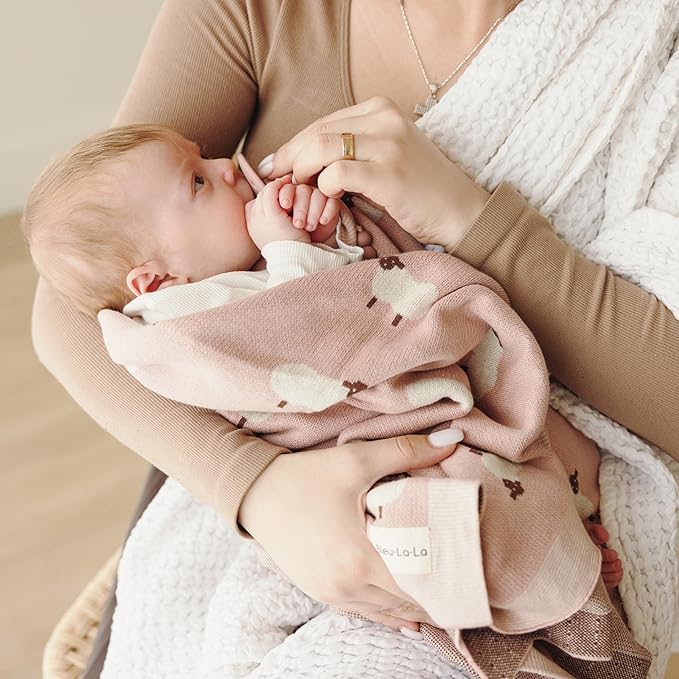 Luxury Knit Baby Receiving Blanket - 100% Cotton Soft Cozy Lightweight Receiving Swaddler Crib Stroller Blanket for Shower Gift Registry for Newborns Infants Toddlers (Sheep - Light Pink)