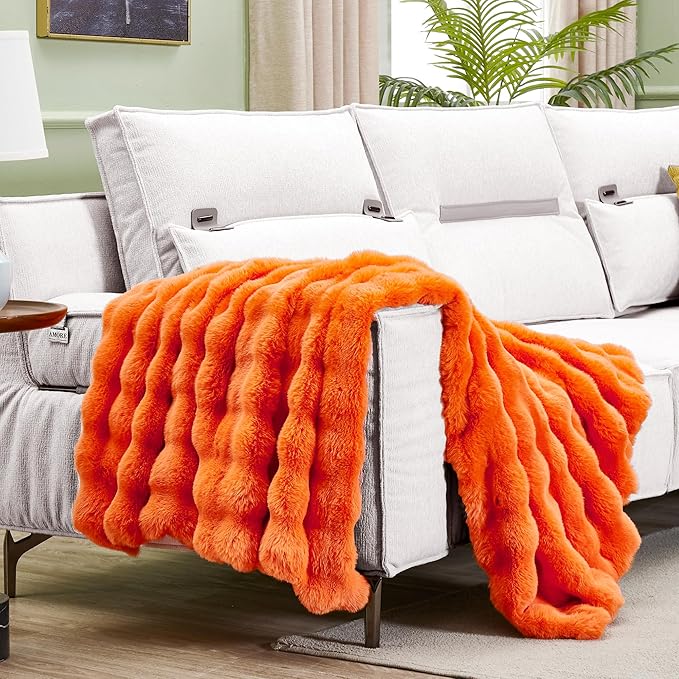 JONIYEAR Large Solid Fall Bubble Faux Rabbit Fur Bed Blanket Queen Size 80" x 90", Decorative Puffy Big Warm Fuzzy Blanket for Winter,Extra Thick Shaggy Cozy Comfy Fluffy Blankets for Adult Kid,Orange