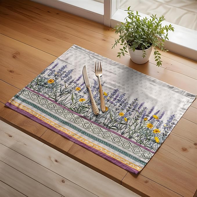 Maison d' Hermine Placemats Set of 4 100% Cotton Washable Cloth Place Mats, Reusable Table Mats for Kitchen Dining Decoration, Party, Wedding, Restaurant Spring/Summer (Fanny Lavender, 13" x 19")