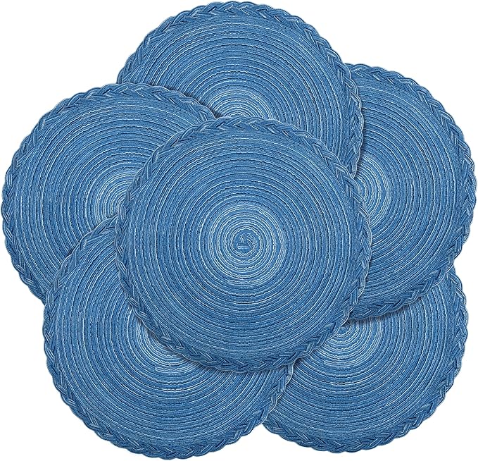 fanquare Large Round Braided Placemats with Woven Lace Edge, 15 Inch Spiral Pattern Modern Style Placemat, Washable Durable Table Mats Easy to Clean