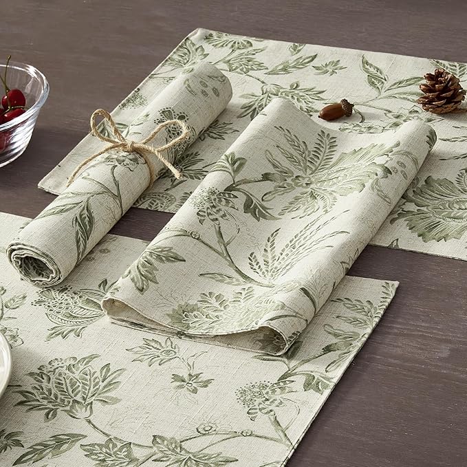 JINCHAN Linen Floral Fall Placemats Set of 4 Cloth Table Mats Rustic Cottagecore Jacobean Outdoor Seasonal for Kitchen Dining Table Decor Non-Slip Washable Tablemats 13x19 Inch Green