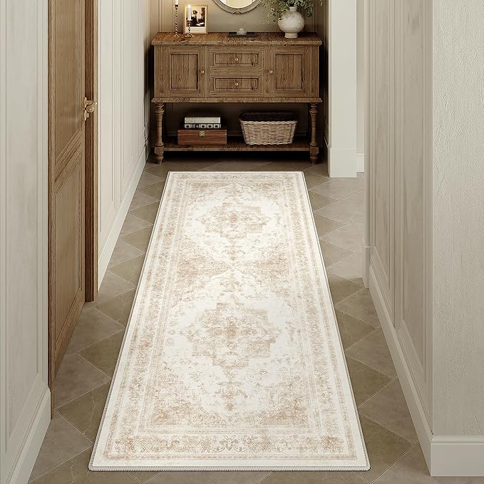 Runner Rug 2x6 Washable Beige Hallway Runner Vintage Boho Medallion Non Slip Distressed Retro Carpet Indoor Low Pile Long Soft Rug for Kitchen Entryway Bedroom Bathroom Laundry