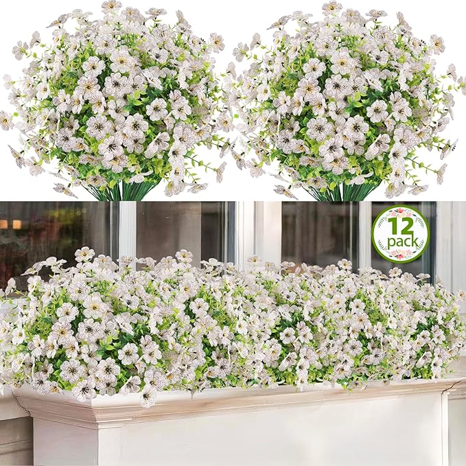 Artificial Flowers Outdoor Faux Plants UV Resistant 12 Bundles Fake Patio Flowers Plastic Greenery Plnats Outside Bulk for Spring Garden Hanging Planter Home Vase Decor, White
