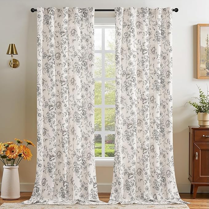 jinchan Linen Blend Curtain Floral Curtains for Living Room 120 Inch Length Black Printed Curtain Rod Pocket Back Tab Farmhouse Peony Flower Patterned Drapes Bedroom Window Curtains Set 2 Panels