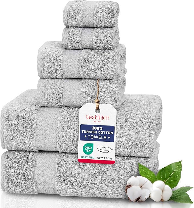 TEXTILOM 6 Pcs Bath Towel Set – Hotel and Spa Quality & Soft & Absorbent & Quick Dry Bath Towels for Bathroom –100% Turkish Cotton Bathroom Towels Set (2 Bath Towels,2 Hand Towels,2 Washcloths)-LGrey