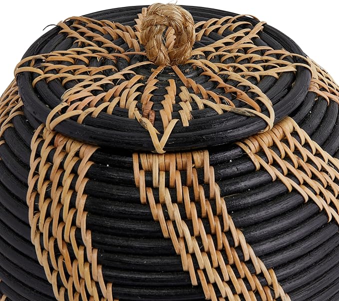 Boho Handwoven Rattan Storage Basket with Lid, Natural and Black