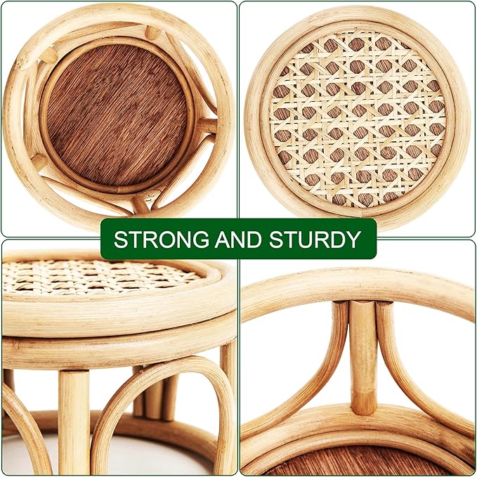 Set of 2 Large Rattan Wicker Round Risers Decorative Indoor Plant Stand, Mid Century Minimalist Modern Plant Stands, Boho Short Plant Stand Holder Suitable Fits 8'' and 12'' Pots