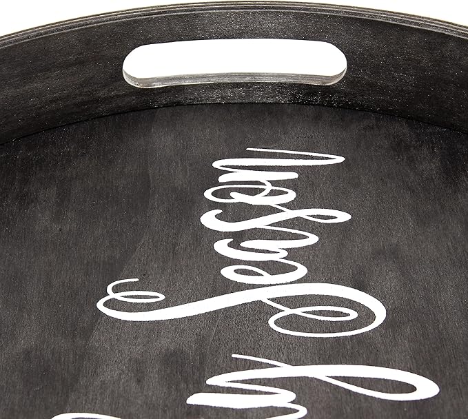 Elegant Designs HG2013-BKS Decorative 13.75" Round Wood Serving Tray w/Handles, Black Wash Spooky Season
