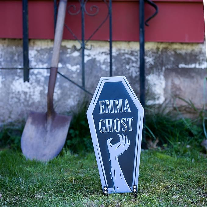 3-D Metal Halloween Ghost Cemetery XL 17" Tombstone w Stakes -EMMA GHOST- Durable, Rustproof, UV Raised Printing-Upgrade Your Haunted House Mansion w Cemetary Lawn Decor-No More Flimsy Foam Graveyards