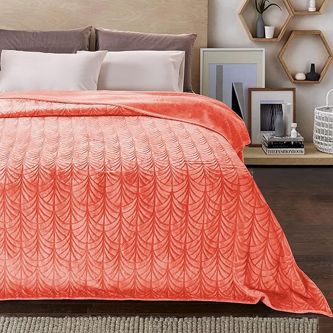 Whale Flotilla Flannel Fleece Queen Size Blanket for Bed, Soft Fluffy Velvet Bedspread Coverlet with Decorative Vintage Pattern for All Season, Warm and Lightweight, 90x90 Inch, Coral