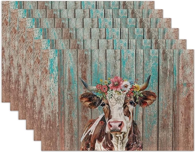 Highland Cow Retro Placemats Set of 6 Washable Table Mats for Kitchen Dining Table,Heat-Resistant Place Mats for Indoor Outdoor Party Holiday Decoration