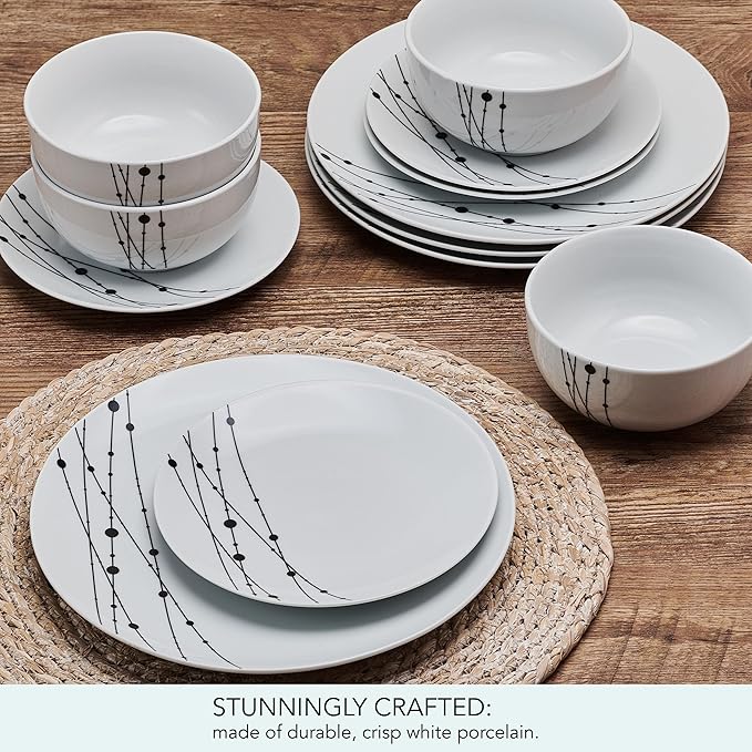 Studio Nova Linear Symphony 12 Piece Dinnerware Plate Bowl Set, Service for 4