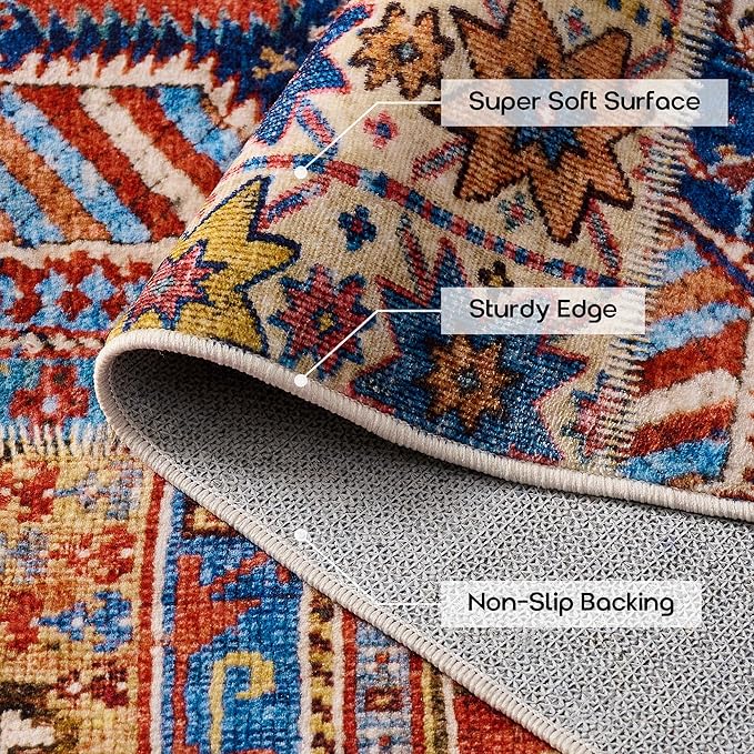 Boho Rug 5x7 for Living Room,Bohemian Colorful Non-Slip Washable Machine Soft 70s Funky Patriotic Independence Day Decor Vintage Area Rugs for Bedroom,Terracotta Rust Burnt Orange Red and Navy Blue