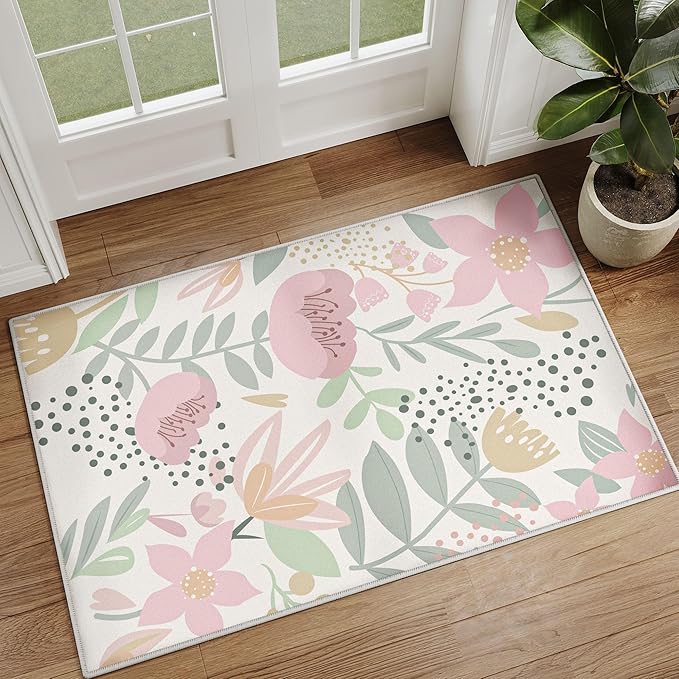 Pink Area Rug 2x3 Washable Boho Entryway Door Mat Non Slip Kitchen Carpet Cute Bedroom Soft Kids Botanical Indoor Accent Rug for Office Dining Room Nursery Bathroom Farmhouse