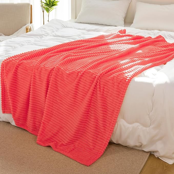 Vessia Flannel Fleece Twin Blanket for Couch,Sofa,Bed, 300GSM Striped 60x80 inch Red Blanket for Adults and Kids, Super Soft Warm Cozy Lightweight Ribbed Decor for All-Season