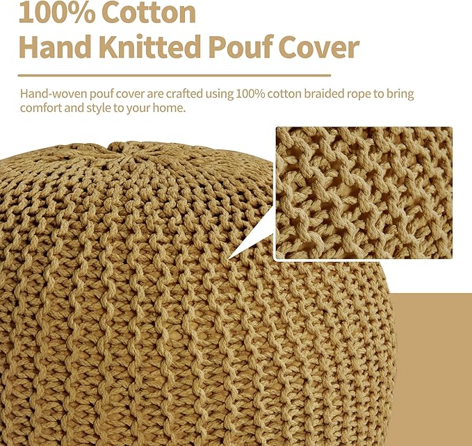 HOMBYS Unstuffed Ottoman Pouf Cover, 100% Cotton Handmade Knitted Ottoman Pouf Cover Round Foot Stool, Floor Bean Bag Chair, Foot Rest Storage for Living Room Bedroom, Ginger(Cover ONLY NO Filler)