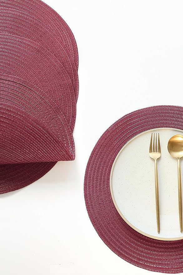 Floroom 15 Inch Round Braided Placemats Set of 6, Washable Heat Resistant Cotton Polyester Circle Place Mats for Kitchen Dining Table - Burgundy