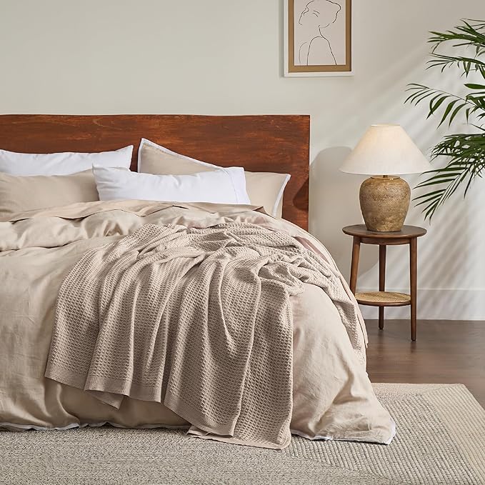 Bedsure 100% Cotton Blanket Queen Size for Bed - Breathable and Soft, Waffle Weave Blanket for Summer Spring, Tan, 90x90 Inches