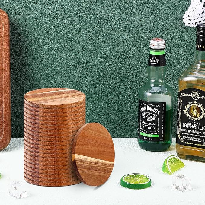 24PCS Wood Coasters Round Wooden Coasters for Drinks Coffee Table with Non-Slip Pad Acacia Cup Coasters for Coffee Home Kitchen 4 Inch Round