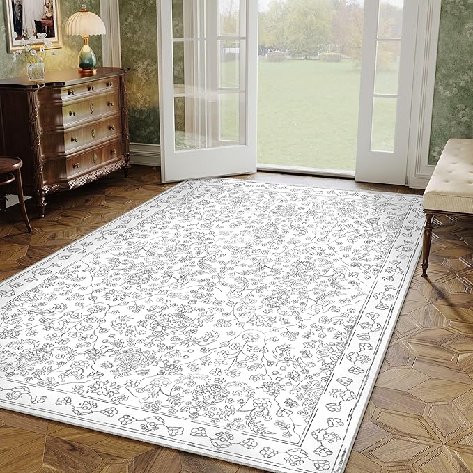 Floral Area Rug 4x6 Washable Entryway Grey Carpet Non Slip Boho Thin Farmhouse Throw Accent Rug for Living Room Bedroom Office Kitchen Bathroom