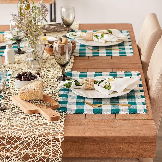 DII Heavyweight Fringed Check Tabletop Collection, Placemat Set, 13x19, Teal, 6 Piece (Pack of 2)