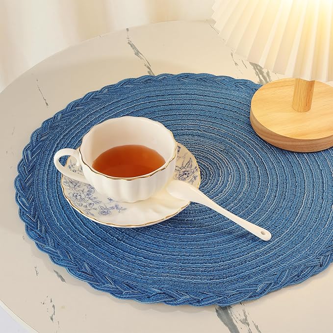 fanquare Cool Blue Round Briaded Placemats Set of 8 Heat Resistant Non Slip Placemat for Dining Table Washable No Fadding Table Mats for Long Term Use