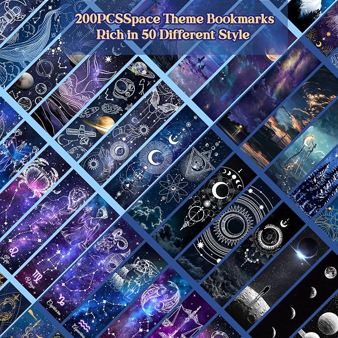 200PCS Cool Space Starry Night Bookmark for Kids Classroom 50 Designs Double-Sided Bulk Bookmarks Space Theme Book Mark for Book Lovers Students Children Rewards Gifts