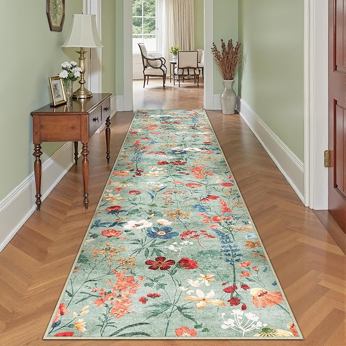 Floral Runner Rug 2x8 Washable Hallway Long Green Bedroom Carpet Non Slip Indoor Boho Kitchen Low Pile Accent Rug Lightweight Soft for Bathroom Dining Laundry Living Room
