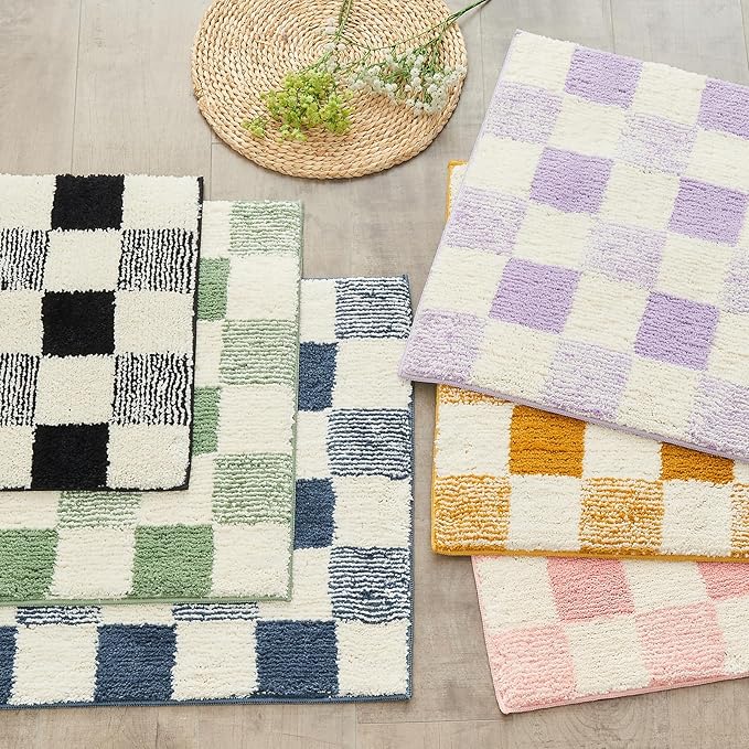 CozeCube Checkered Bath mats Non Slip, Fluffy Absbent Microfiber Bath mat Washable, Aesthetic Bathroom Rugs, Large Bath mat for Bathroom Floor, Sage Green, 36"X24"