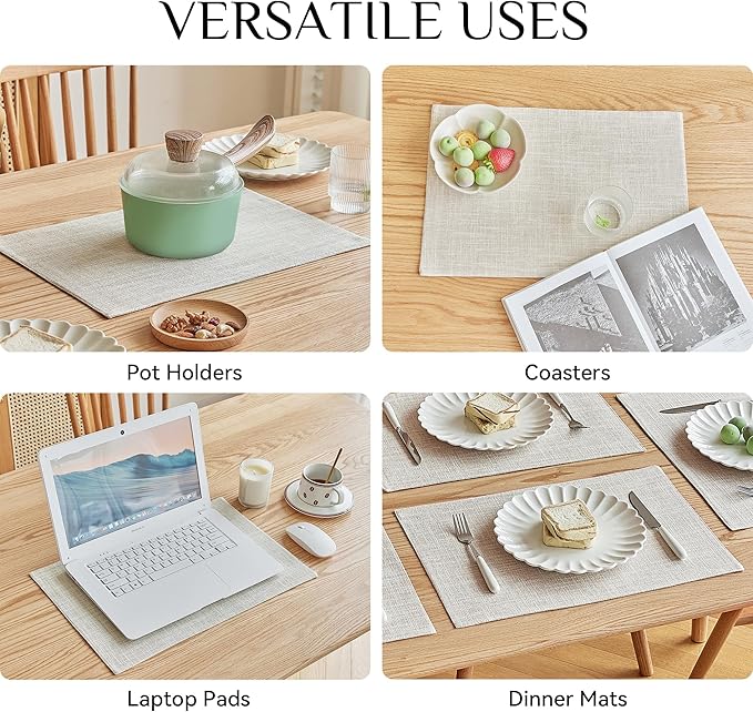 Softalker Faux Linen Placemats Set of 6-12 x 18 Inch, Heat Resistant Double Layered Durable Burlap Farmhouse Place Mats, Non-Slip Washable Rustic Table Mats for Dining, Kitchen, Party(Cream