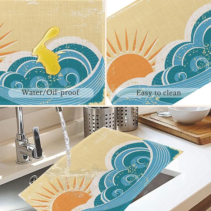 Japanese Style Waves Placemats Set of 6,Washable Heat Resistant 12×18 Inch Linen Table Mats Vintage Landscape Place Mats for Party Outdoor Dining Décor