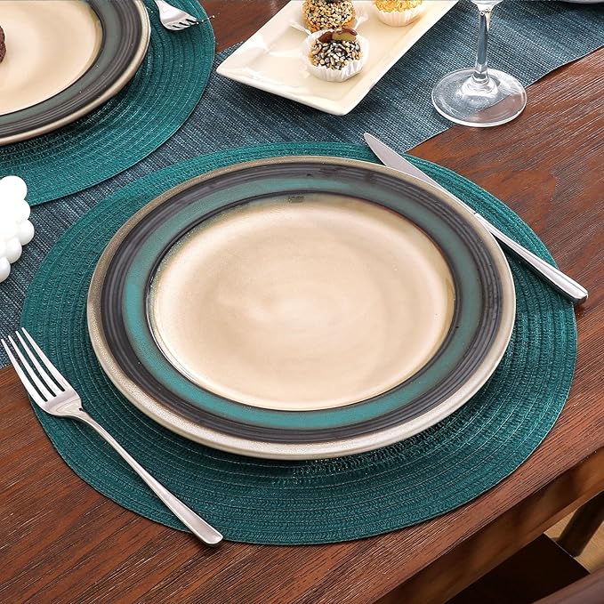 SHACOS Round Placemats Set of 4 Woven Braided Table Placemats 15 inch Circle Place Mats Washable Non Slip Table Mats for Home Wedding Party, Teal Green