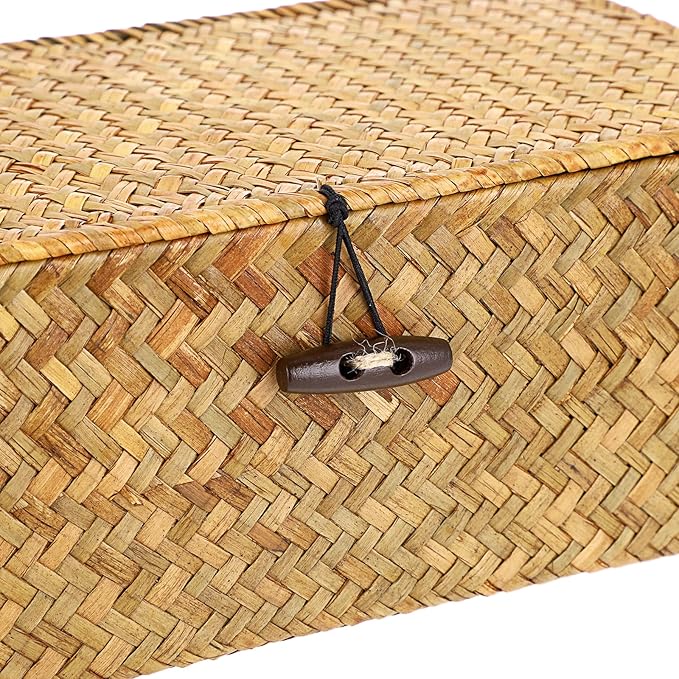 Hipiwe Wicker Shelf Baskets Bin with Lid, Handwoven Seagrass Basket Storage Bins Rectangular Household Basket Boxes for Shelf Wardrobe Home Organizer, Caramel Small